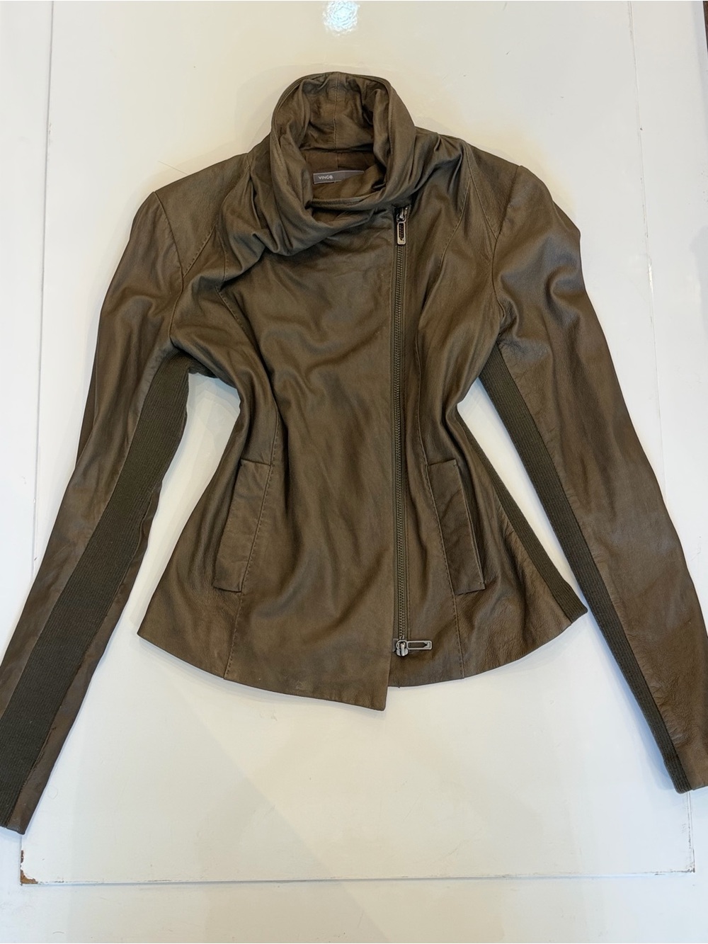 Vince Olive Green Leather Asymmetrical Zip Jacket